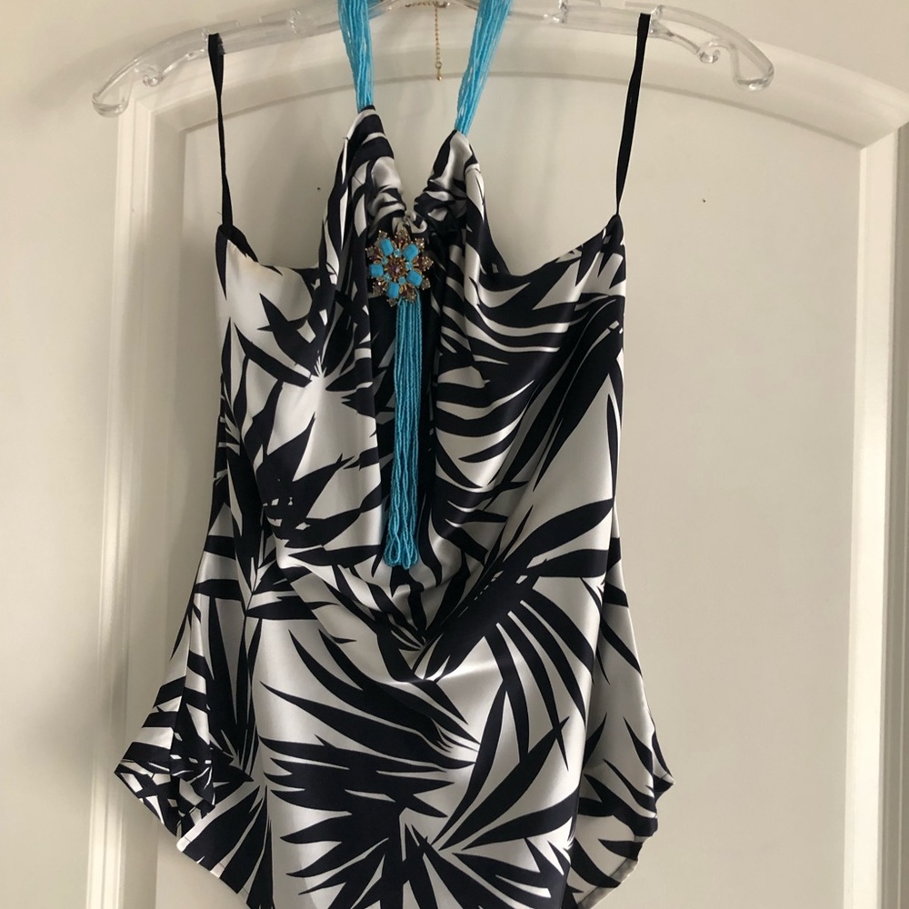 Mary.L Couture. Silk halter with beaded necklace and broach